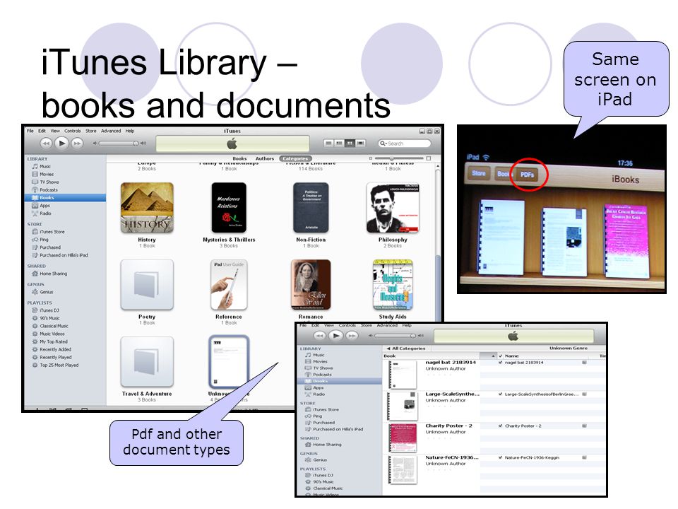 iTunes Library – books and documents Pdf and other document types Same screen on iPad