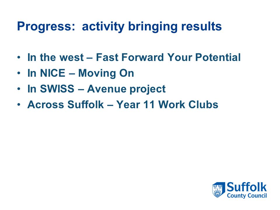 Progress: activity bringing results In the west – Fast Forward Your Potential In NICE – Moving On In SWISS – Avenue project Across Suffolk – Year 11 Work Clubs