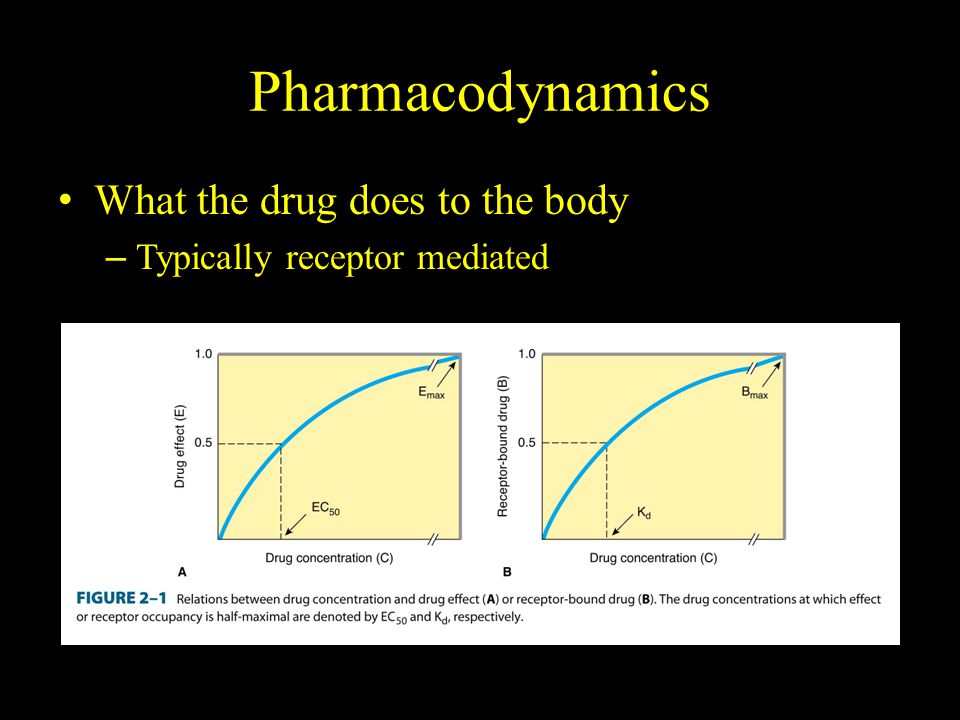 Pharmacodynamics What the drug does to the body – Typically receptor mediated