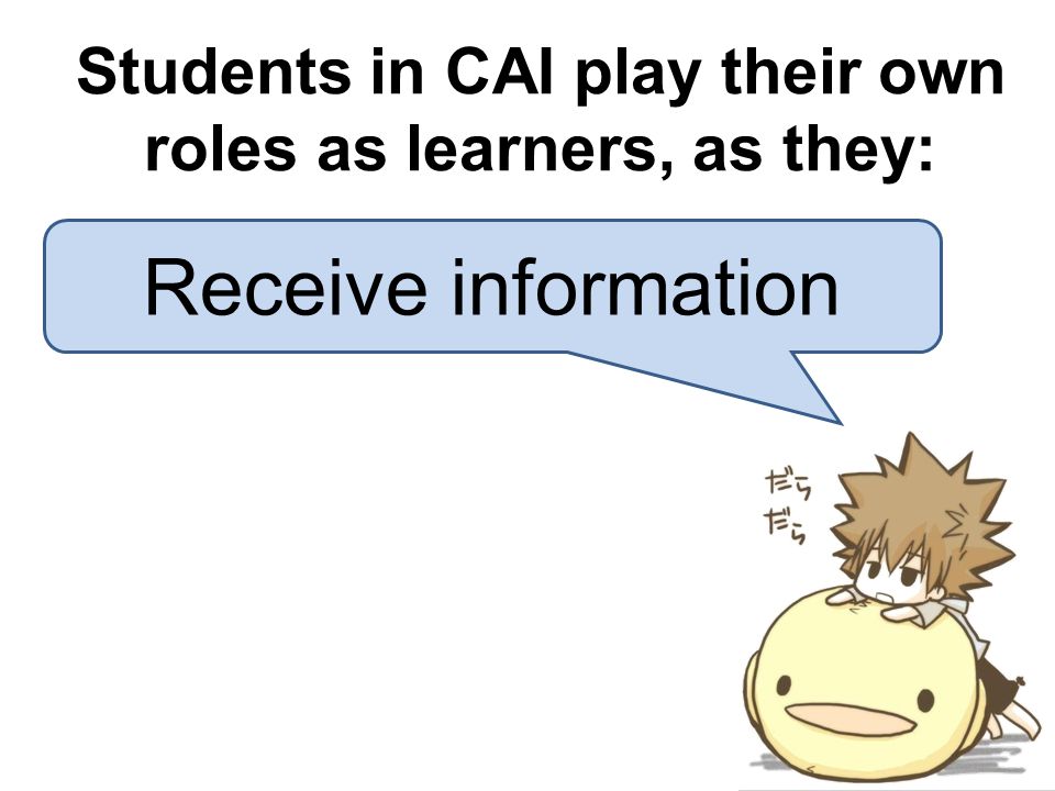 Students in CAI play their own roles as learners, as they: Receive information