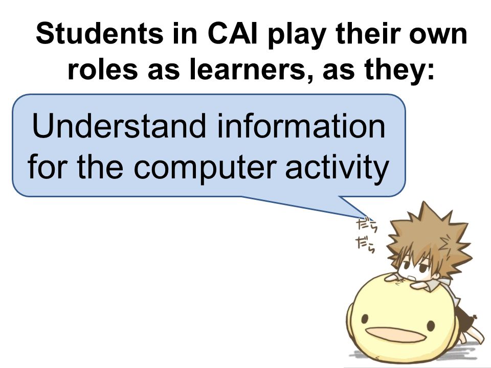 Understand information for the computer activity Students in CAI play their own roles as learners, as they: