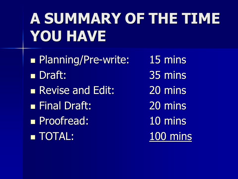 A SUMMARY OF THE TIME YOU HAVE Planning/Pre-write: 15 mins Planning/Pre-write: 15 mins Draft:35 mins Draft:35 mins Revise and Edit:20 mins Revise and Edit:20 mins Final Draft:20 mins Final Draft:20 mins Proofread:10 mins Proofread:10 mins TOTAL:100 mins TOTAL:100 mins
