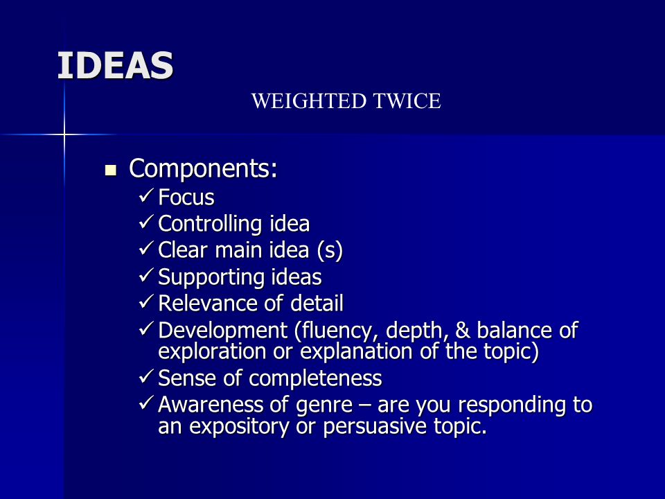IDEAS Components: Components: Focus Focus Controlling idea Controlling idea Clear main idea (s) Clear main idea (s) Supporting ideas Supporting ideas Relevance of detail Relevance of detail Development (fluency, depth, & balance of exploration or explanation of the topic) Development (fluency, depth, & balance of exploration or explanation of the topic) Sense of completeness Sense of completeness Awareness of genre – are you responding to an expository or persuasive topic.