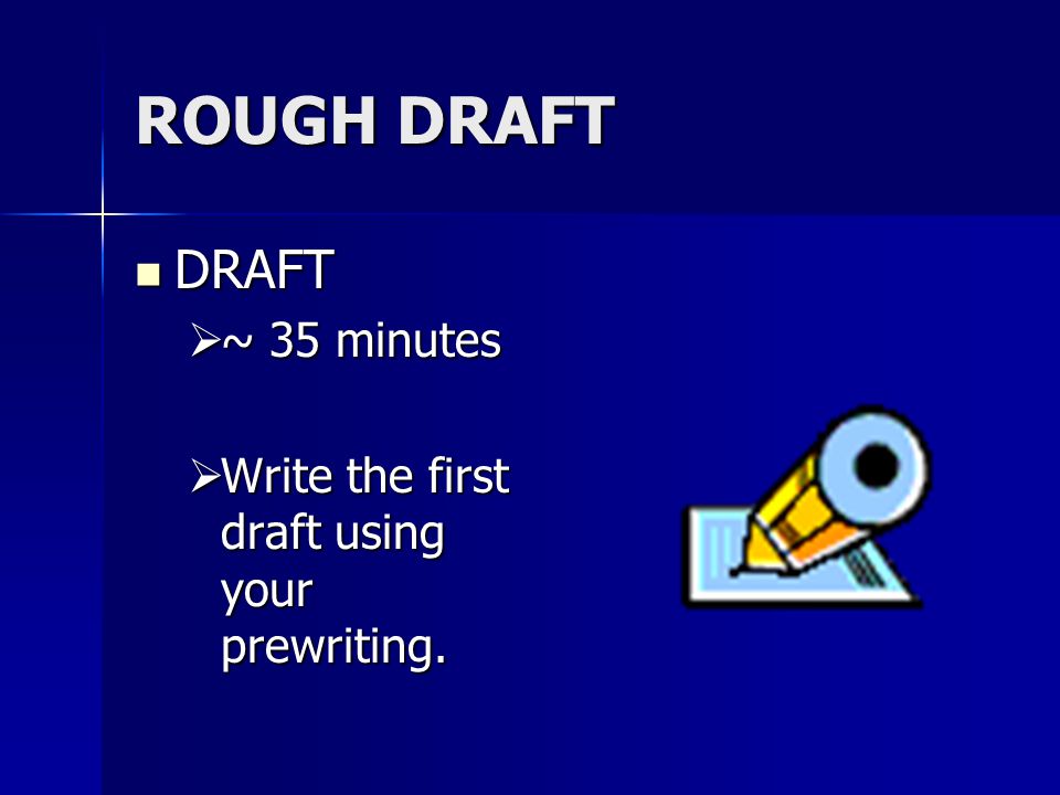 ROUGH DRAFT DRAFT DRAFT  ~ 35 minutes  Write the first draft using your prewriting.