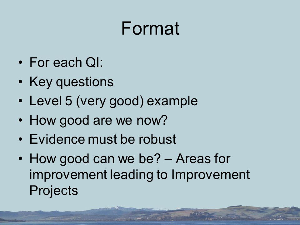 Format For each QI: Key questions Level 5 (very good) example How good are we now.
