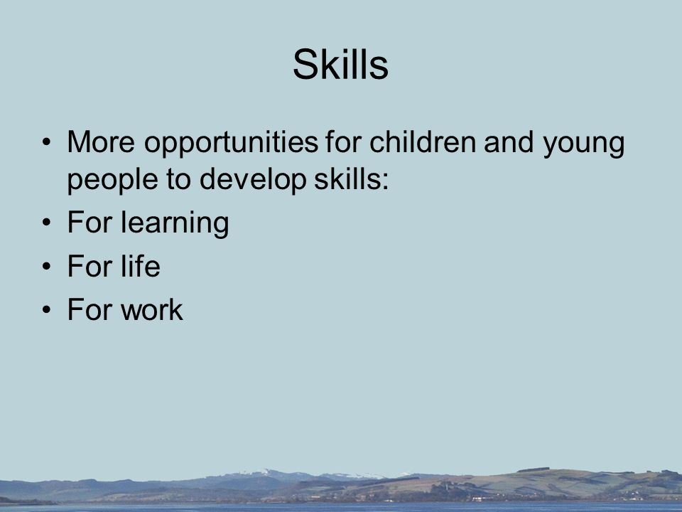 Skills More opportunities for children and young people to develop skills: For learning For life For work