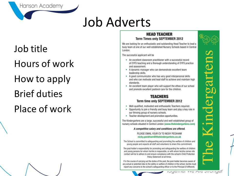 Job Adverts Job title Hours of work How to apply Brief duties Place of work