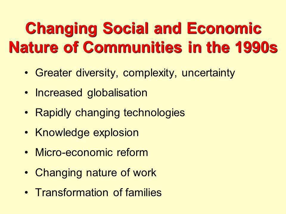 Changing Social and Economic Nature of Communities in the 1990s Greater diversity, complexity, uncertainty Increased globalisation Rapidly changing technologies Knowledge explosion Micro-economic reform Changing nature of work Transformation of families