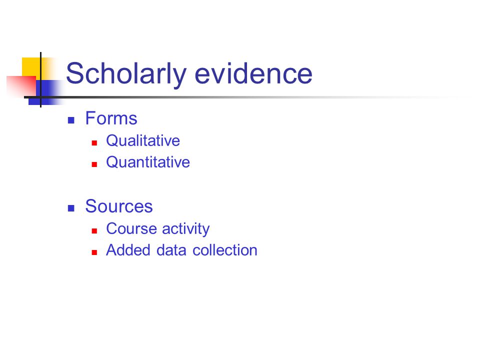 Scholarly evidence Forms Qualitative Quantitative Sources Course activity Added data collection