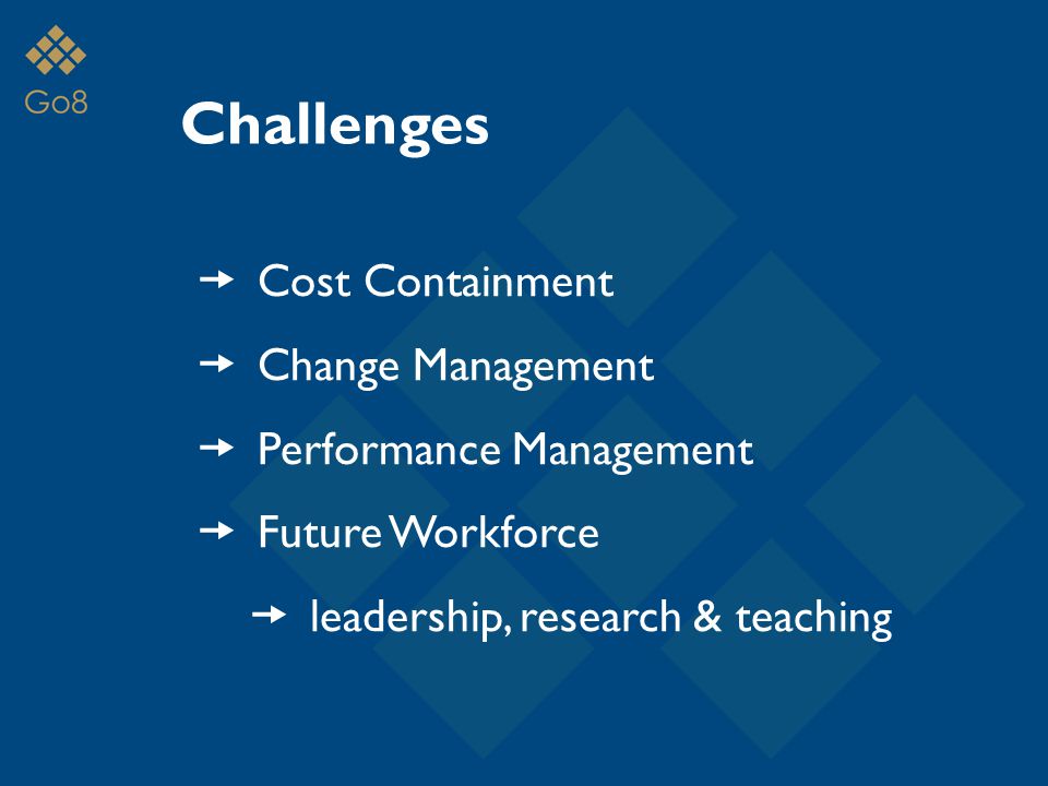 Challenges  Cost Containment  Change Management  Performance Management  Future Workforce  leadership, research & teaching