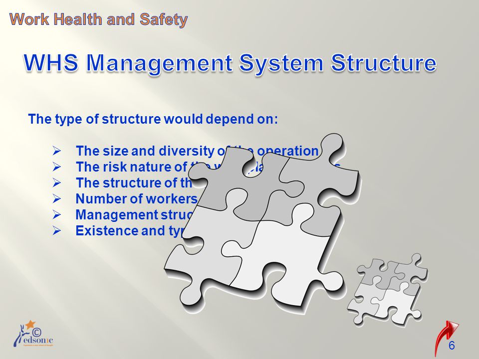 The type of structure would depend on:  The size and diversity of the operation  The risk nature of the workplace activities  The structure of the business  Number of workers  Management structure  Existence and types of other systems 6