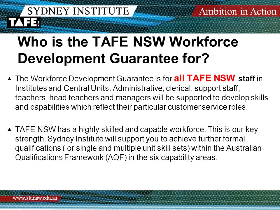 Ambition in Action   Who is the TAFE NSW Workforce Development Guarantee for.