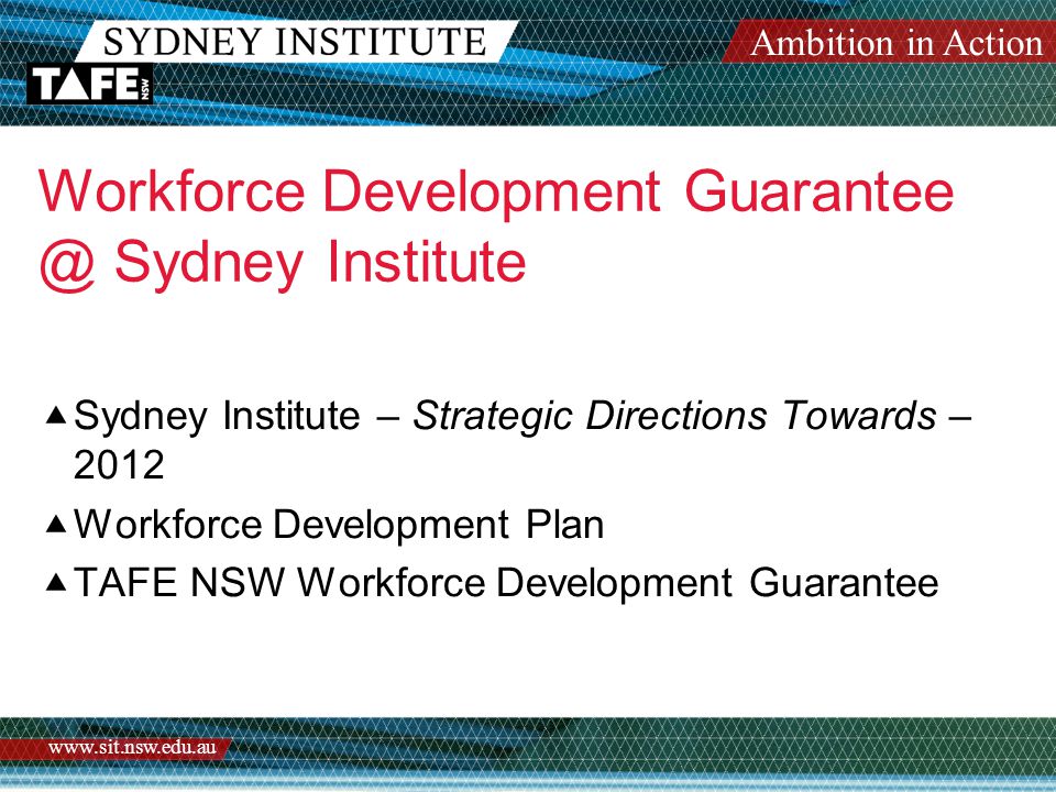 Ambition in Action   Workforce Development Sydney Institute  Sydney Institute – Strategic Directions Towards – 2012  Workforce Development Plan  TAFE NSW Workforce Development Guarantee