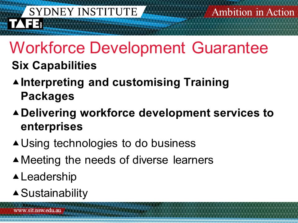 Ambition in Action   Workforce Development Guarantee Six Capabilities  Interpreting and customising Training Packages  Delivering workforce development services to enterprises  Using technologies to do business  Meeting the needs of diverse learners  Leadership  Sustainability