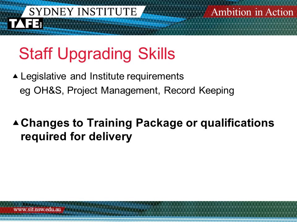 Ambition in Action   Staff Upgrading Skills  Legislative and Institute requirements eg OH&S, Project Management, Record Keeping  Changes to Training Package or qualifications required for delivery