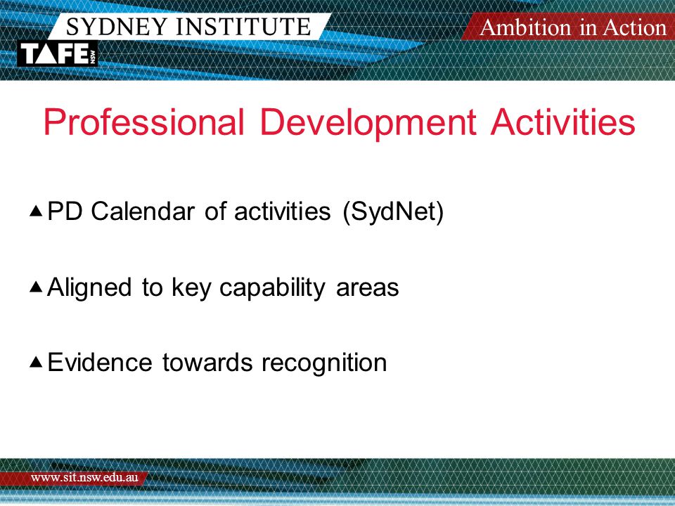 Ambition in Action   Professional Development Activities  PD Calendar of activities (SydNet)  Aligned to key capability areas  Evidence towards recognition