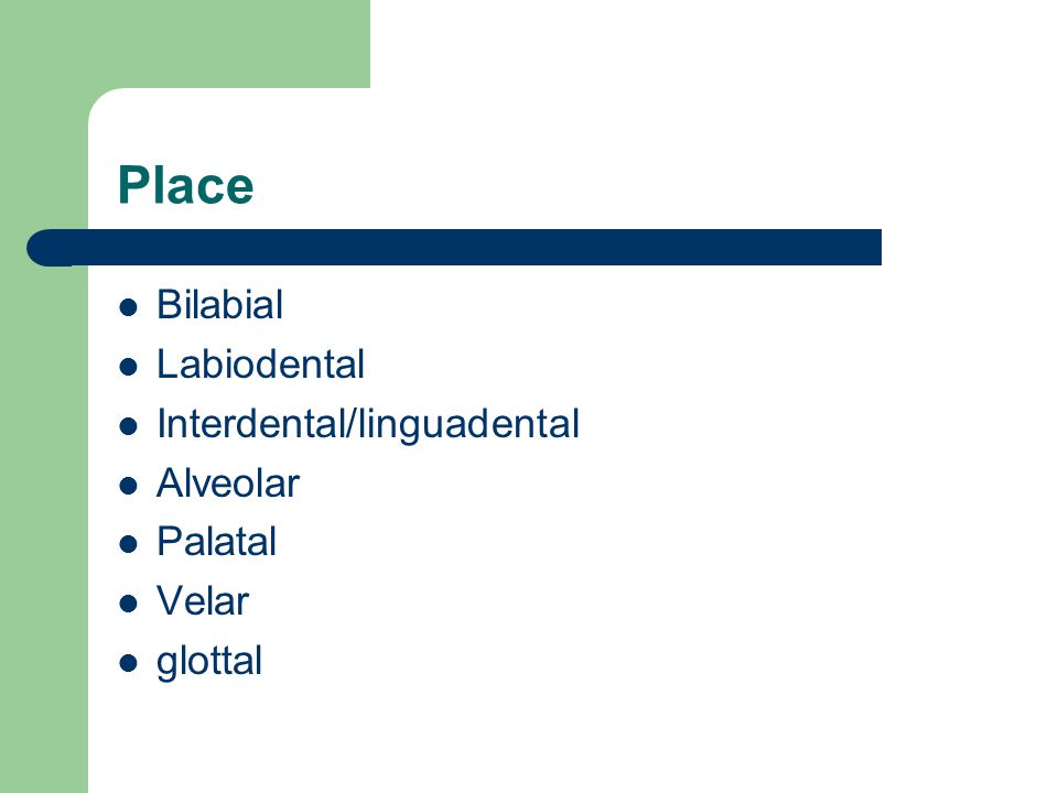 Place Bilabial Labiodental Interdental/linguadental Alveolar Palatal Velar glottal