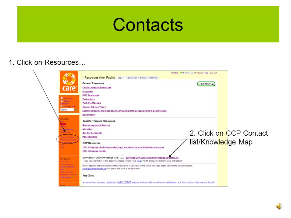 Contacts 1. Click on Resources… 2. Click on CCP Contact list/Knowledge Map
