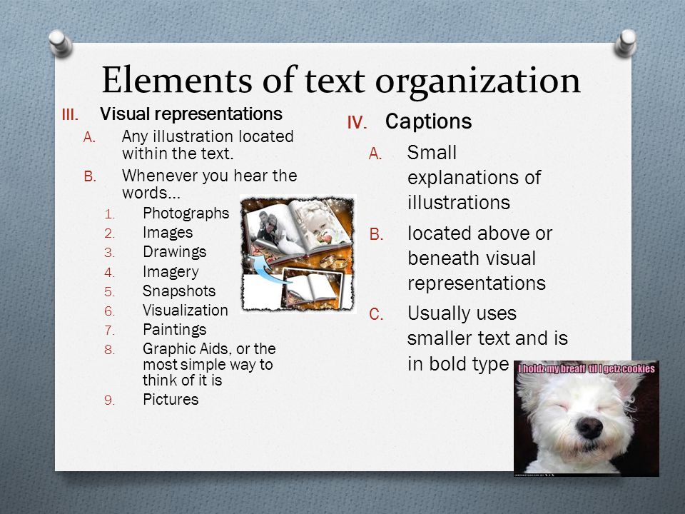 Elements of text organization III. Visual representations A.