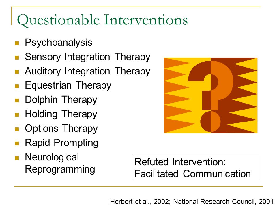 Questionable Interventions Psychoanalysis Sensory Integration Therapy Auditory Integration Therapy Equestrian Therapy Dolphin Therapy Holding Therapy Options Therapy Rapid Prompting Neurological Reprogramming Herbert et al., 2002; National Research Council, 2001 Refuted Intervention: Facilitated Communication