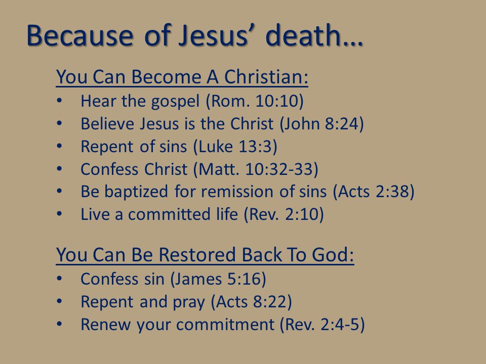Because of Jesus’ death… You Can Become A Christian: Hear the gospel (Rom.
