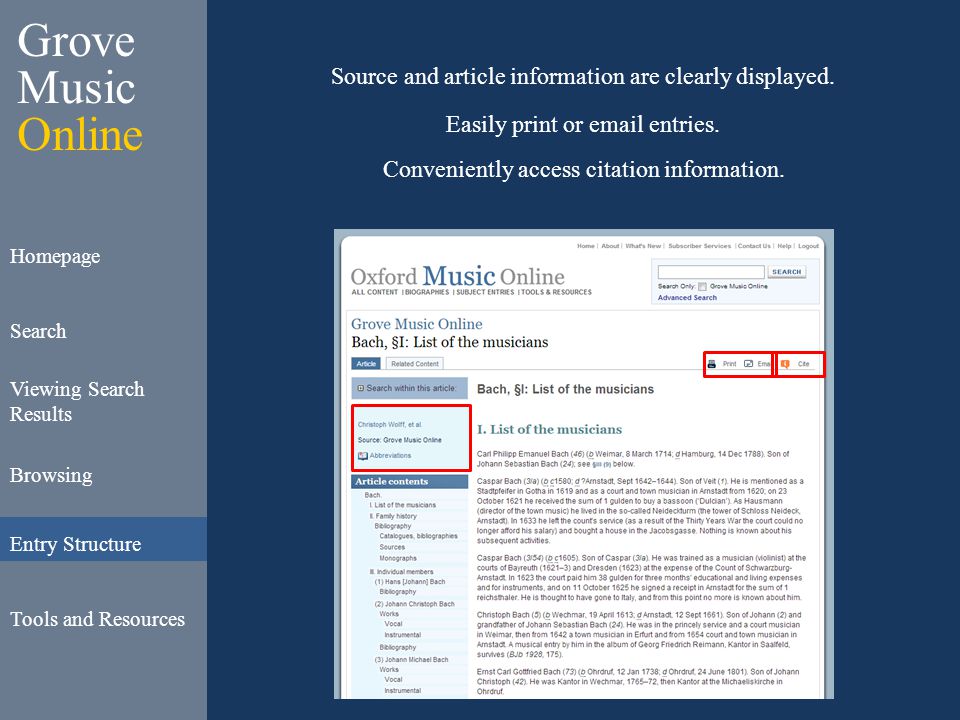 Grove Music Online Homepage Search Viewing Search Results Browsing Entry Structure Tools and Resources Source and article information are clearly displayed.