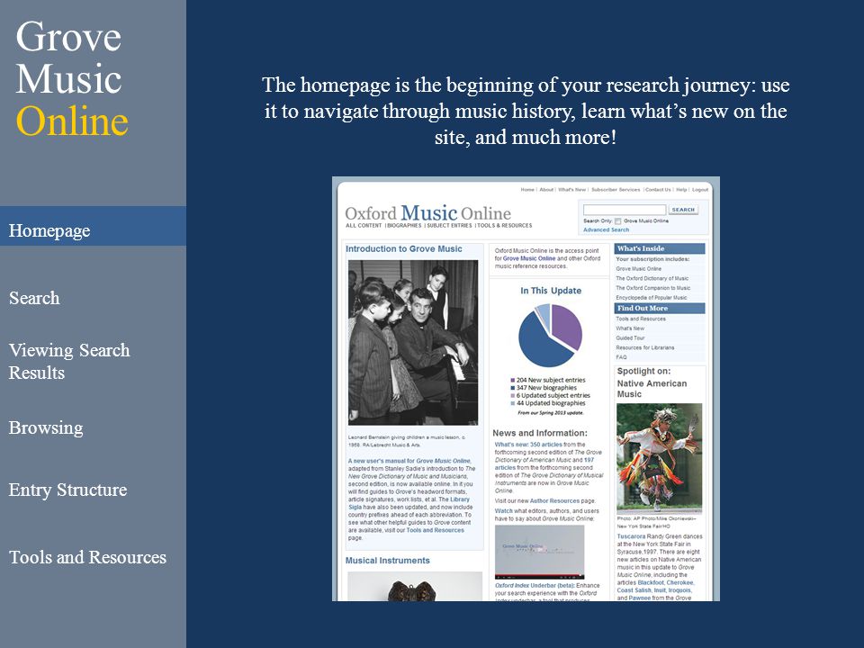 Grove Music Online Homepage Search Viewing Search Results Browsing Entry Structure Tools and Resources The homepage is the beginning of your research journey: use it to navigate through music history, learn what’s new on the site, and much more!