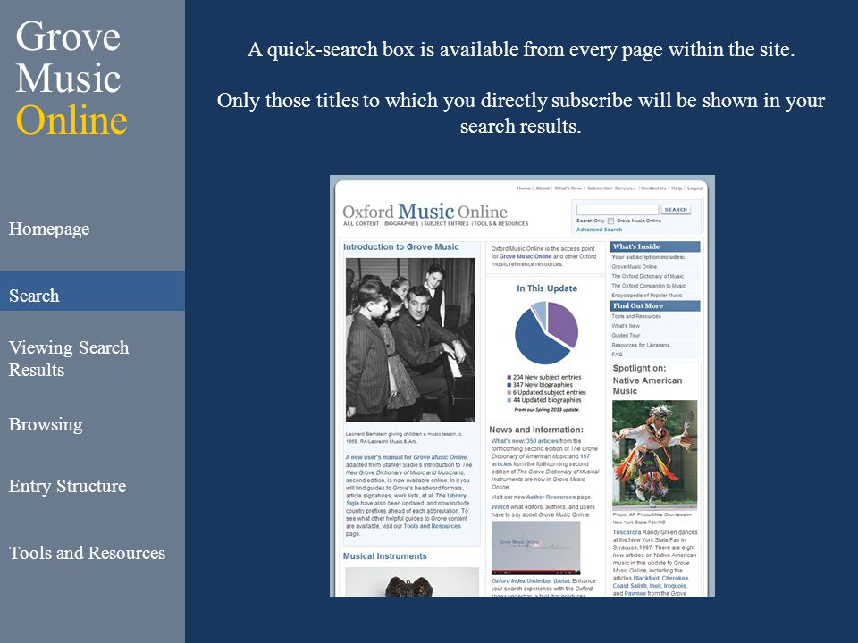 Grove Music Online Homepage Search Viewing Search Results Browsing Entry Structure Tools and Resources A quick-search box is available from every page within the site.