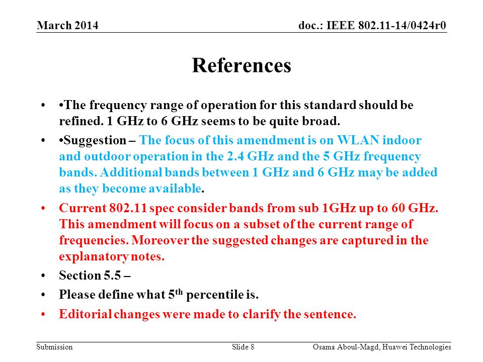 doc.: IEEE /0424r0 Submission March 2014 Osama Aboul-Magd, Huawei TechnologiesSlide 8 References The frequency range of operation for this standard should be refined.