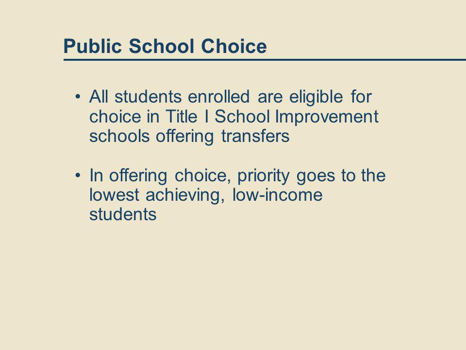 Public School Choice All students enrolled are eligible for choice in Title I School Improvement schools offering transfers In offering choice, priority goes to the lowest achieving, low-income students