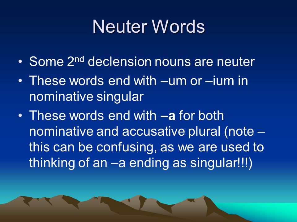 Neuter Words Some 2 nd declension nouns are neuter These words end with –um or –ium in nominative singular These words end with –a for both nominative and accusative plural (note – this can be confusing, as we are used to thinking of an –a ending as singular!!!)