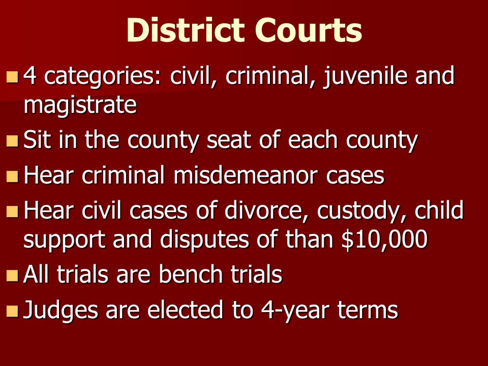 District Courts 4 categories: civil, criminal, juvenile and magistrate 4 categories: civil, criminal, juvenile and magistrate Sit in the county seat of each county Sit in the county seat of each county Hear criminal misdemeanor cases Hear criminal misdemeanor cases Hear civil cases of divorce, custody, child support and disputes of than $10,000 Hear civil cases of divorce, custody, child support and disputes of than $10,000 All trials are bench trials All trials are bench trials Judges are elected to 4-year terms Judges are elected to 4-year terms