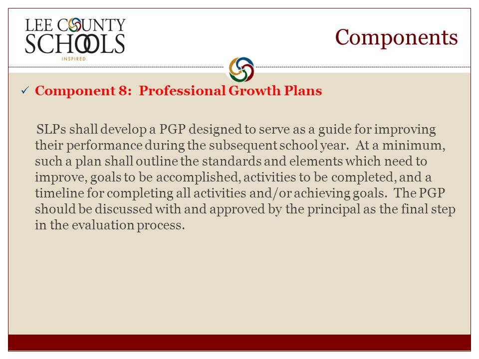 Components Component 8: Professional Growth Plans SLPs shall develop a PGP designed to serve as a guide for improving their performance during the subsequent school year.