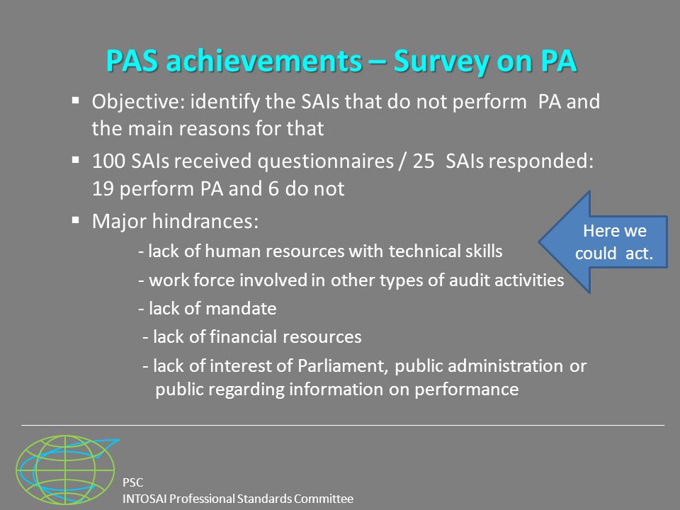 PSC INTOSAI Professional Standards Committee PAS achievements – Survey on PA  Objective: identify the SAIs that do not perform PA and the main reasons for that  100 SAIs received questionnaires / 25 SAIs responded: 19 perform PA and 6 do not  Major hindrances: - lack of human resources with technical skills - work force involved in other types of audit activities - lack of mandate - lack of financial resources - lack of interest of Parliament, public administration or public regarding information on performance Here we could act.
