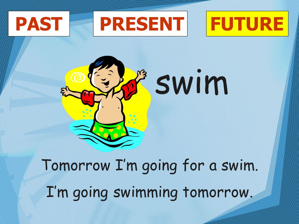 PASTFUTUREPRESENT swim Tomorrow I’m going for a swim. I’m going swimming tomorrow.