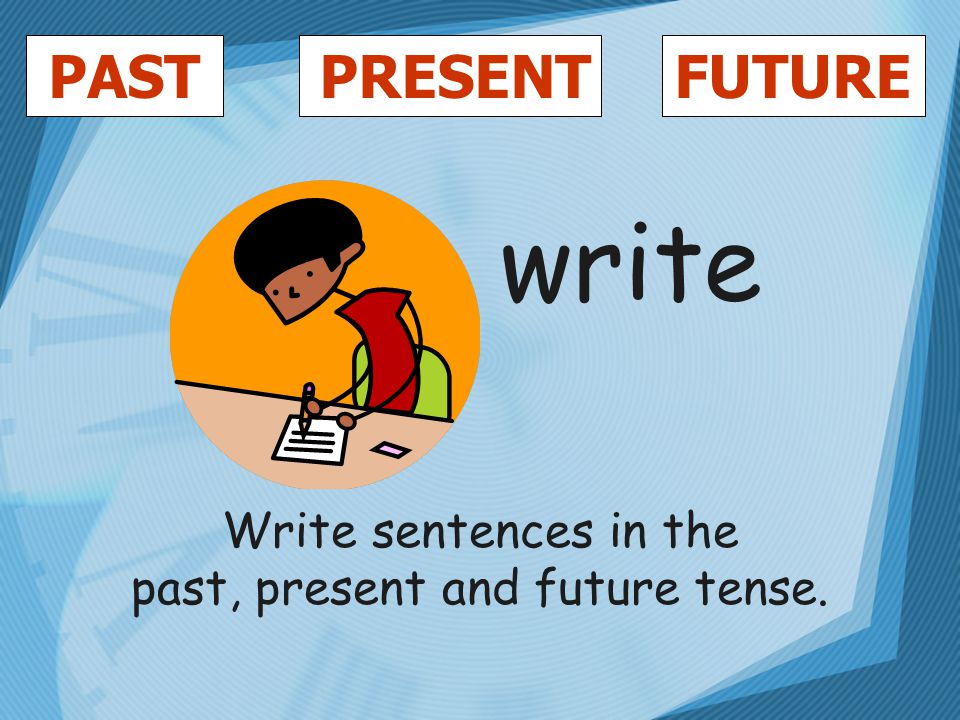 PASTFUTUREPRESENT write Write sentences in the past, present and future tense.