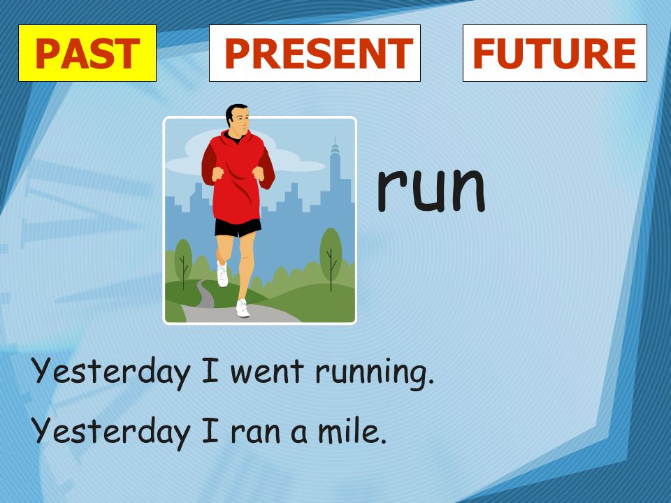 PASTFUTUREPRESENT run Yesterday I went running. Yesterday I ran a mile.
