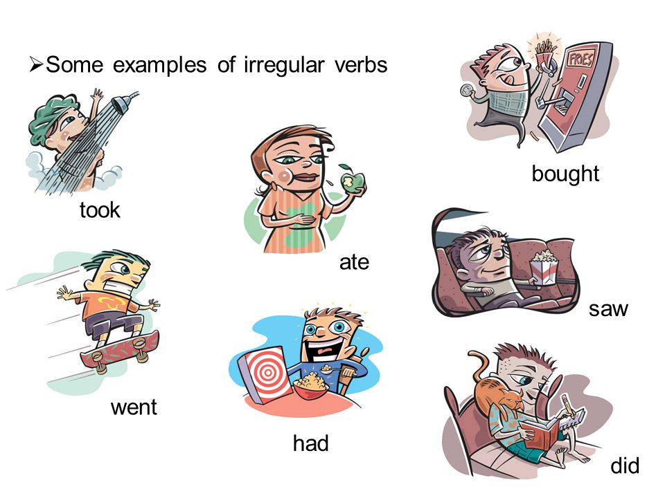  Some examples of irregular verbs take eat buy do go took ate bought went did have had see saw