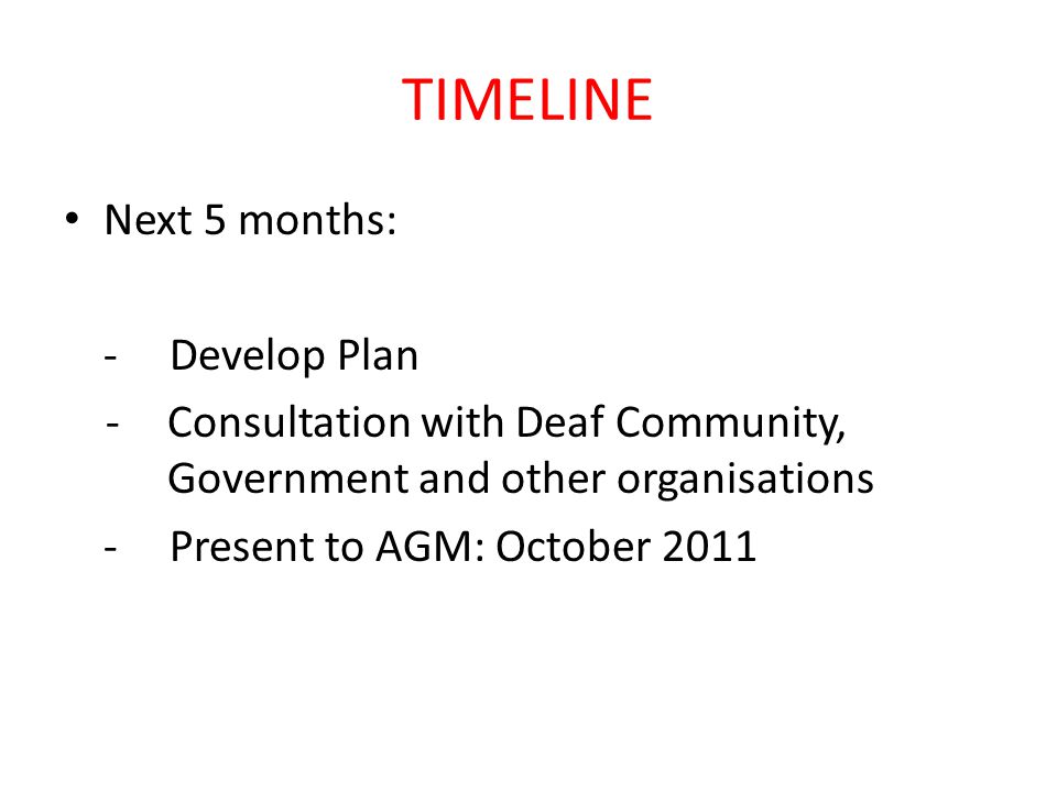 TIMELINE Next 5 months: -Develop Plan -Consultation with Deaf Community, Government and other organisations -Present to AGM: October 2011