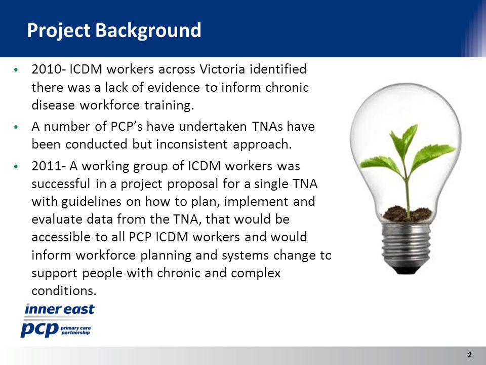 Project Background ICDM workers across Victoria identified there was a lack of evidence to inform chronic disease workforce training.