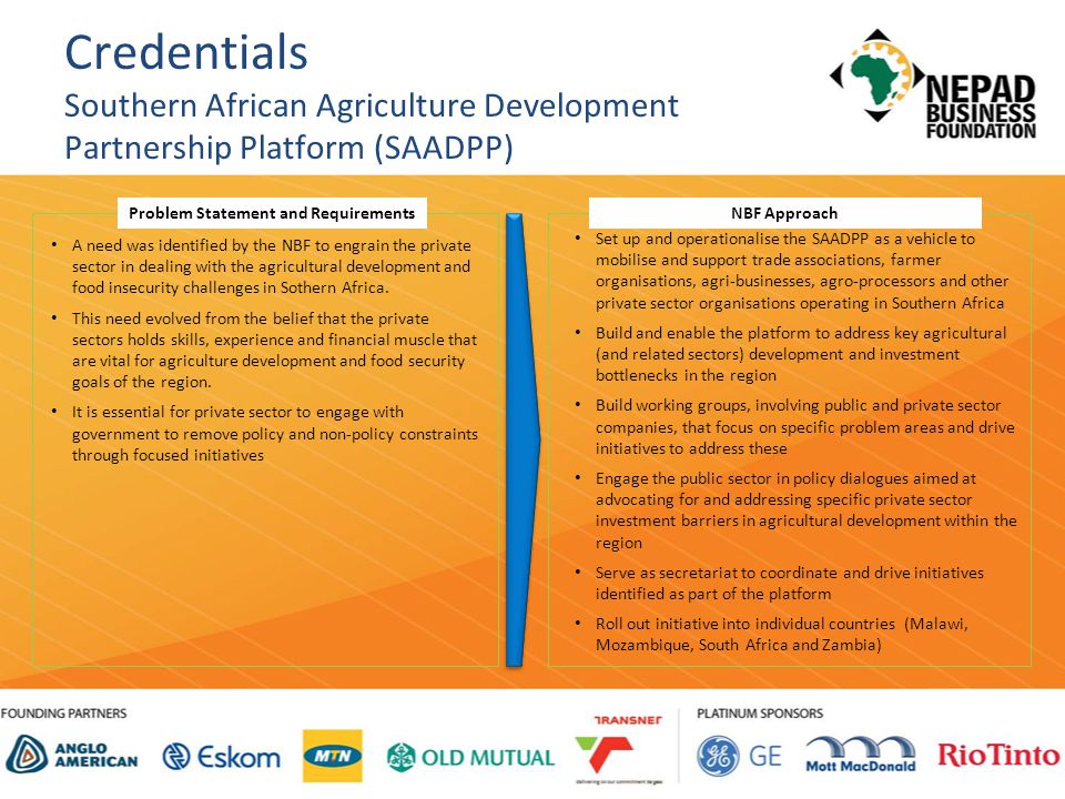 Credentials Southern African Agriculture Development Partnership Platform (SAADPP) A need was identified by the NBF to engrain the private sector in dealing with the agricultural development and food insecurity challenges in Sothern Africa.