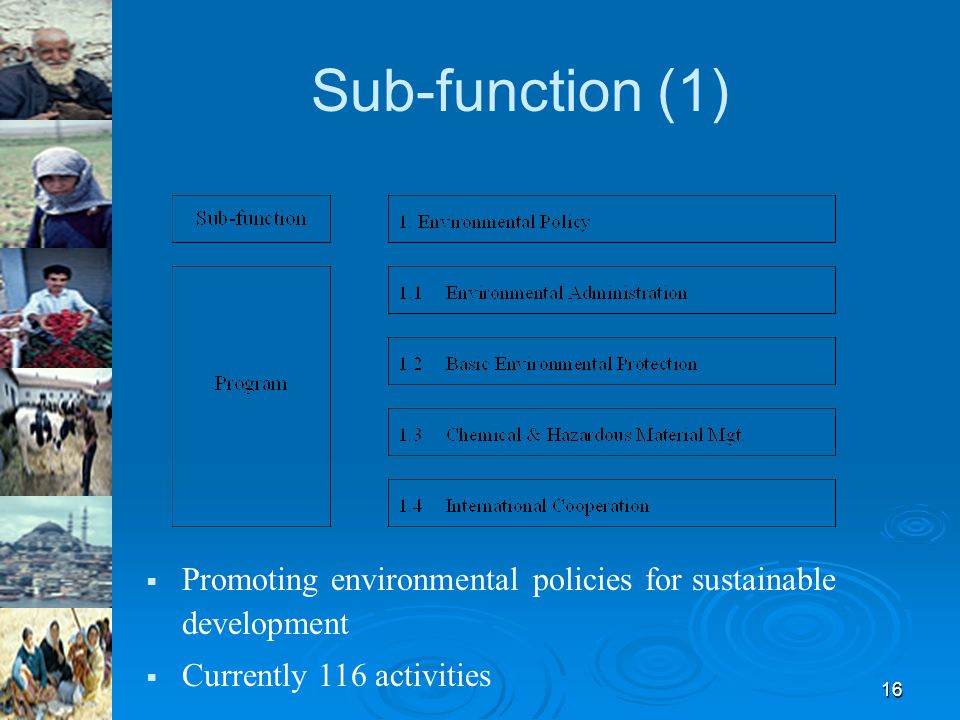 16  Promoting environmental policies for sustainable development  Currently 116 activities Sub-function (1)