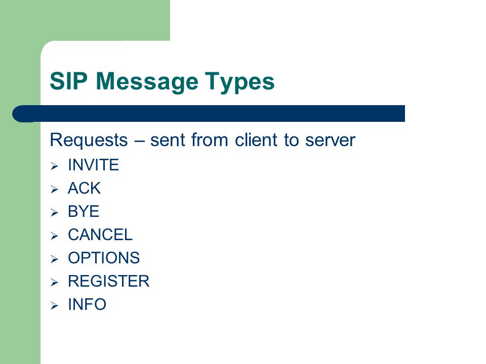 SIP Message Types Requests – sent from client to server  INVITE  ACK  BYE  CANCEL  OPTIONS  REGISTER  INFO