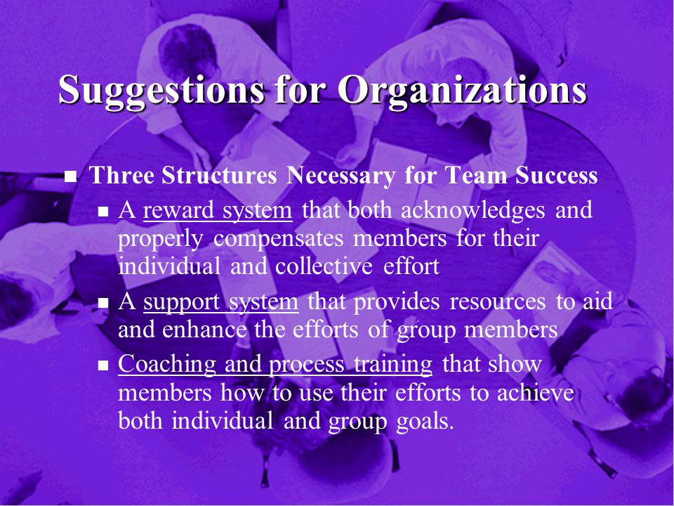 Suggestions for Organizations n n Three Structures Necessary for Team Success n n A reward system that both acknowledges and properly compensates members for their individual and collective effort n n A support system that provides resources to aid and enhance the efforts of group members n n Coaching and process training that show members how to use their efforts to achieve both individual and group goals.