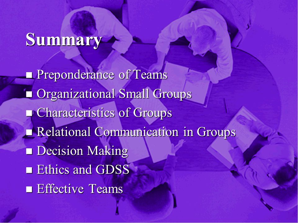 Summary n Preponderance of Teams n Organizational Small Groups n Characteristics of Groups n Relational Communication in Groups n Decision Making n Ethics and GDSS n Effective Teams
