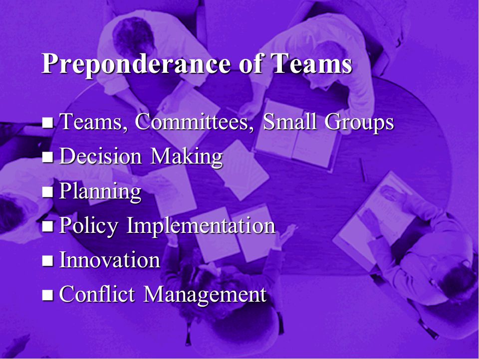 Preponderance of Teams n Teams, Committees, Small Groups n Decision Making n Planning n Policy Implementation n Innovation n Conflict Management