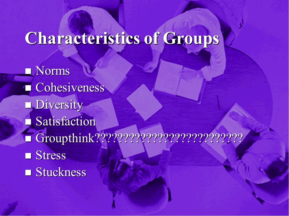 Characteristics of Groups n Norms n Cohesiveness n Diversity n Satisfaction n Groupthink .