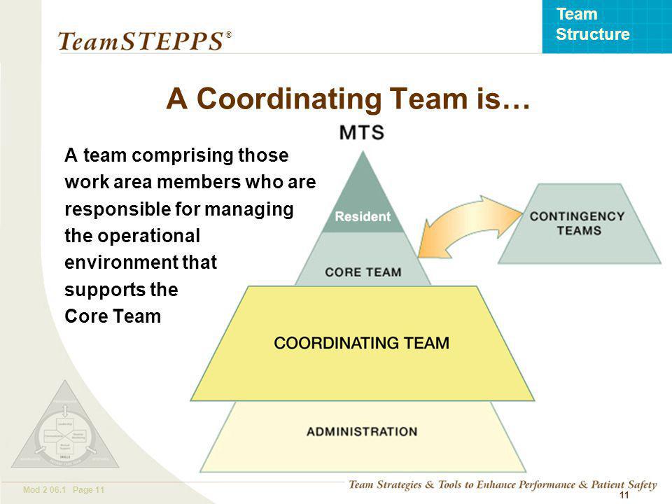 T EAM STEPPS 05.2 Mod Page 11 Team Structure ® 11 A team comprising those work area members who are responsible for managing the operational environment that supports the Core Team A Coordinating Team is…