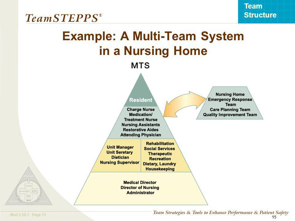 T EAM STEPPS 05.2 Mod Page 15 Team Structure ® 15 Example: A Multi-Team System in a Nursing Home