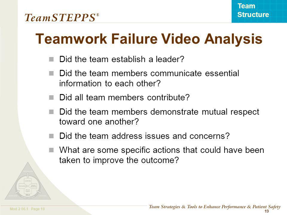 T EAM STEPPS 05.2 Mod Page 19 Team Structure ® 19 Teamwork Failure Video Analysis Did the team establish a leader.